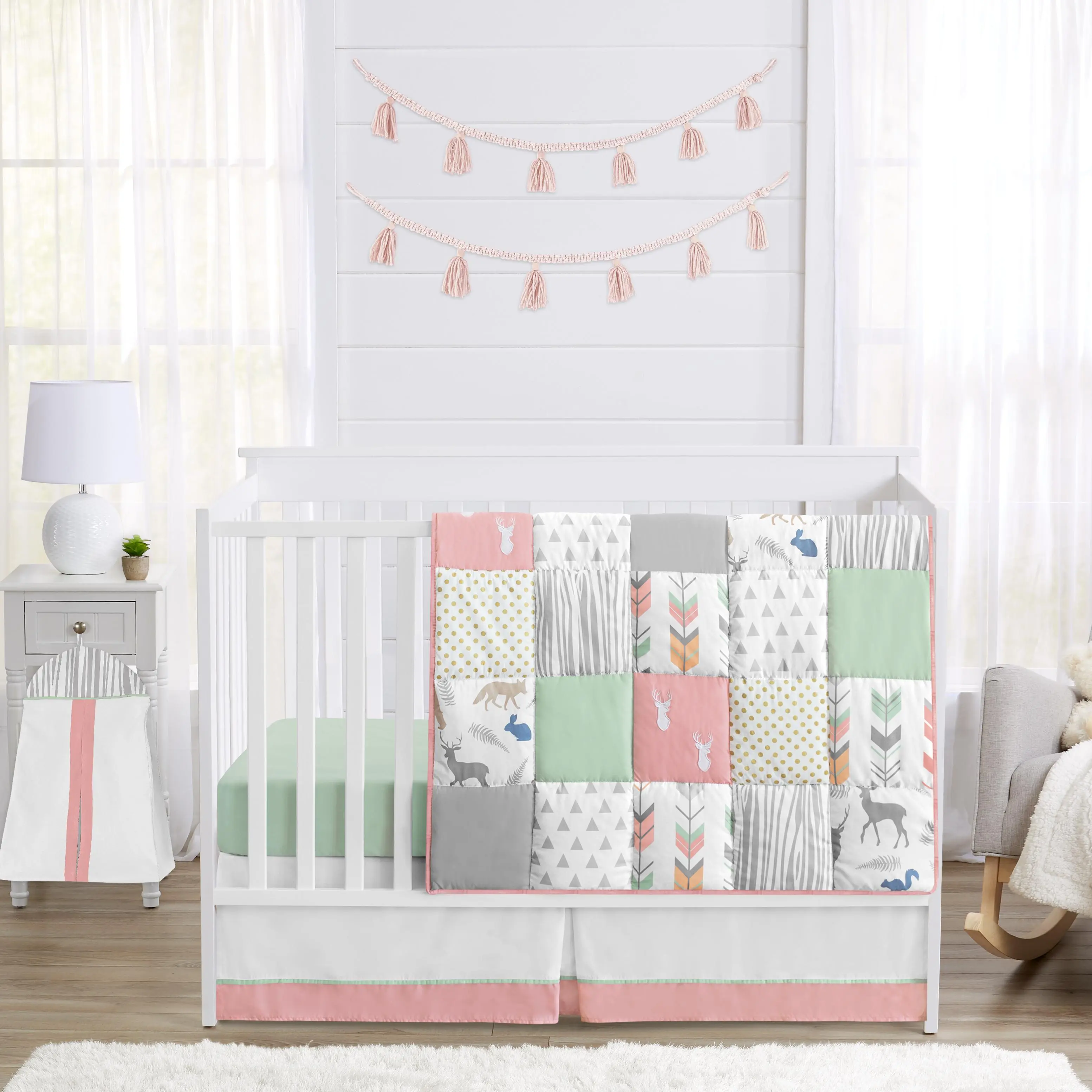 Coral, Mint and Grey Woodsy Deer Girls Baby Bedding 4 Piece Crib Set