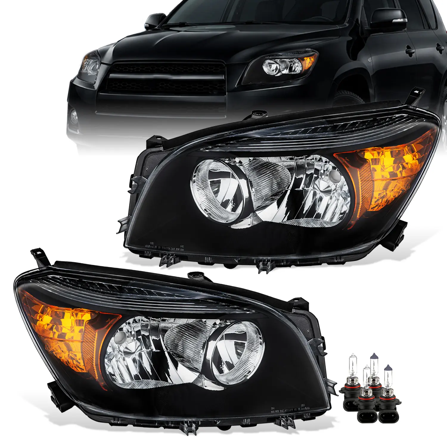 Headlight Assembly w/Bulbs for Toyota Rav4 2006 2007 2008 Headlamp (Chrome housing+ Amber Reflector)