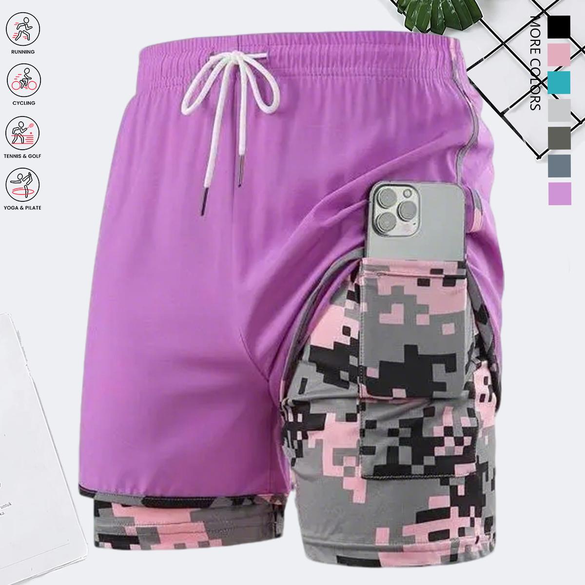 Women’s summer shorts: double-layer faux two-piece mid-length shorts; camouflage women’s shorts; polyester–spandex knit fabric shorts; breathable, quick-drying compression base layer shorts; elastic waistband with drawstring; side mesh pockets; suitable f