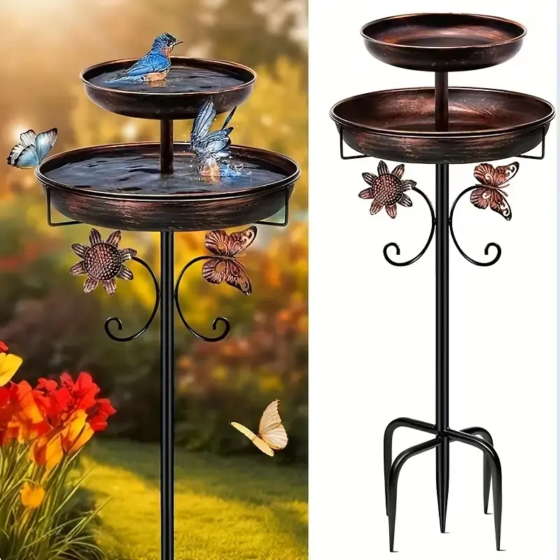 42 Inch Heavy-duty Metal Double-layer Bird Bath Tub -7.9 Feet Plus 12 Inches Double-layer Large Capacity Water Collection Feeding Basin, 5-claw Stable Base, Durable, Vintage Finish Garden Decor for Outdoor Lightweight Courtyard