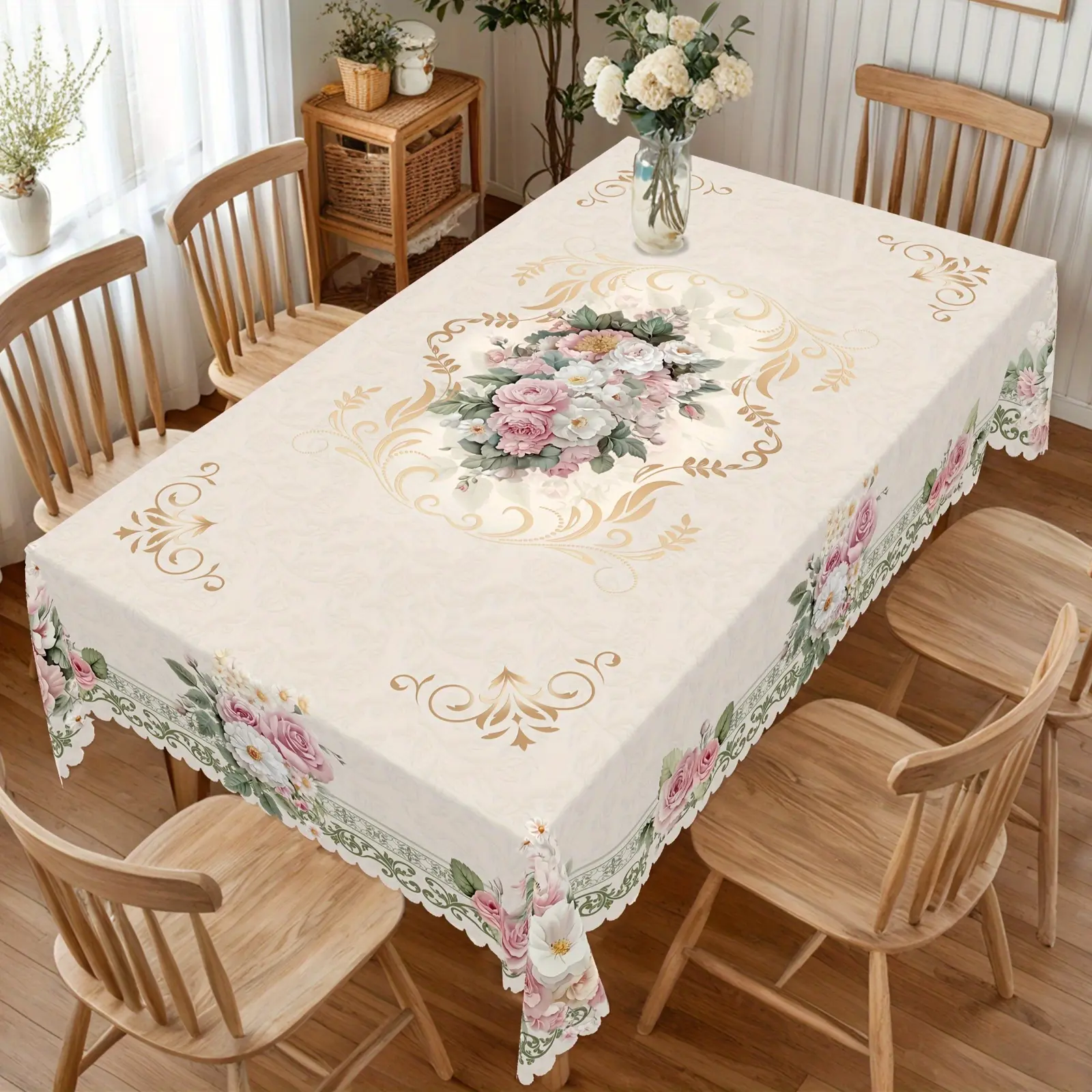 1pc Classic French Vintage Rose & Daisy Print Polyester Tablecloth - Machine-Made, Rectangle/Round, Indoor-Outdoor Fabric Cover for Weddings, Kitchen & Dining Festive Home Supplies
