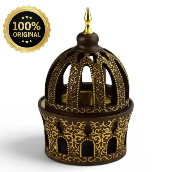 Golden Calligraphy-Style Closed Bakhoor Burner Holder with Arabic Script Relief, Dome, Golden Finial Tip, Traditional Look Home Fragrance Accessory for Ramadan, Aromatherapy, Home Weddings Gift, Ventilation Arches