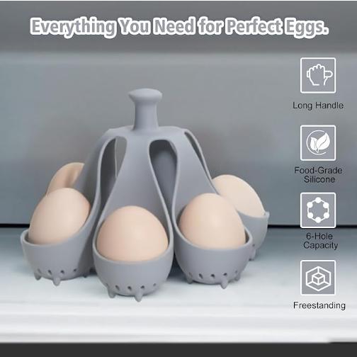 Silicone Egg Boiler Rack for Hard Soft Boiled Eggs, Food Grade Silicone Egg Boiler Cooker with 6 Holders, Kitchen Gadget for Cooking/Serving Eggs with Handle, Dishwasher Safe