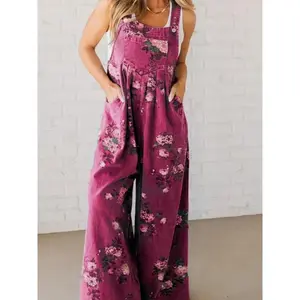 Fashionable denim floral print casual jumpsuit, sleeveless backless pants, women’s summer romper, stylish and comfortable
