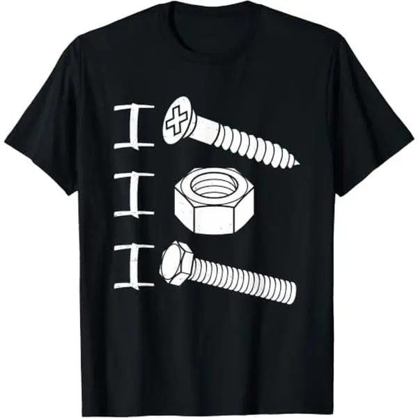 Men's Soft Cotton Short-Sleeve T-Shirt - Screw Nut Bolt Hardware Graphic, Funny Mechanic Handyman Repair Dad Humor, Black Crewneck Round Neck Top, Shortsleeve, Tshirt, Fabric, Classic