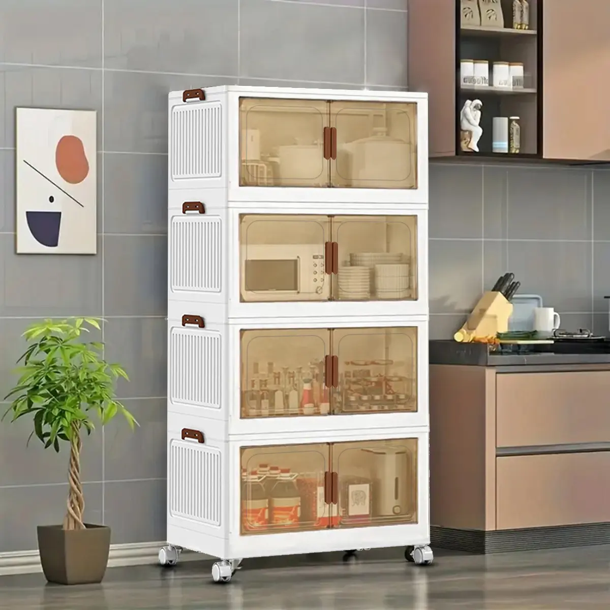 70cm Foldable Plastic Storage Cabinet - 2/3/4/5-Layer Stackable Sundries Organizer with Doors & Wheels, Easy-Assembly Space-Saving Storage Organization for Kitchen, Bedroom
