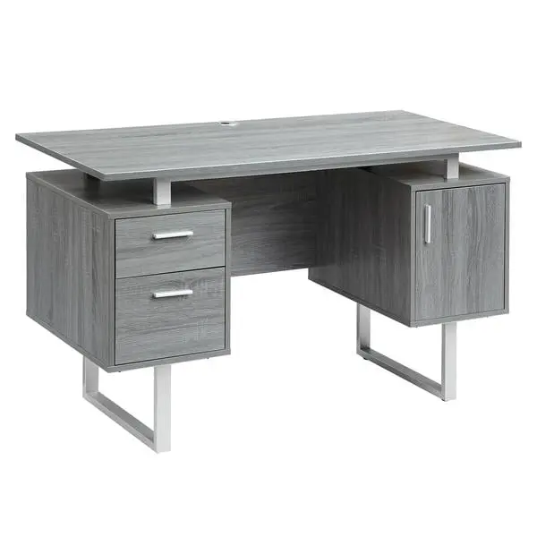 Techni Mobili RTA-7002-GRY Modern Office Floating Desk - WFH/Study Setup, 1 Filing Cabinet with Silver Handles, 2 Silver Track Metal Legs, Large Top Work Surface, Drawers, Grey, 29.75x51.25x23.25in (Learning at Home Ready)
