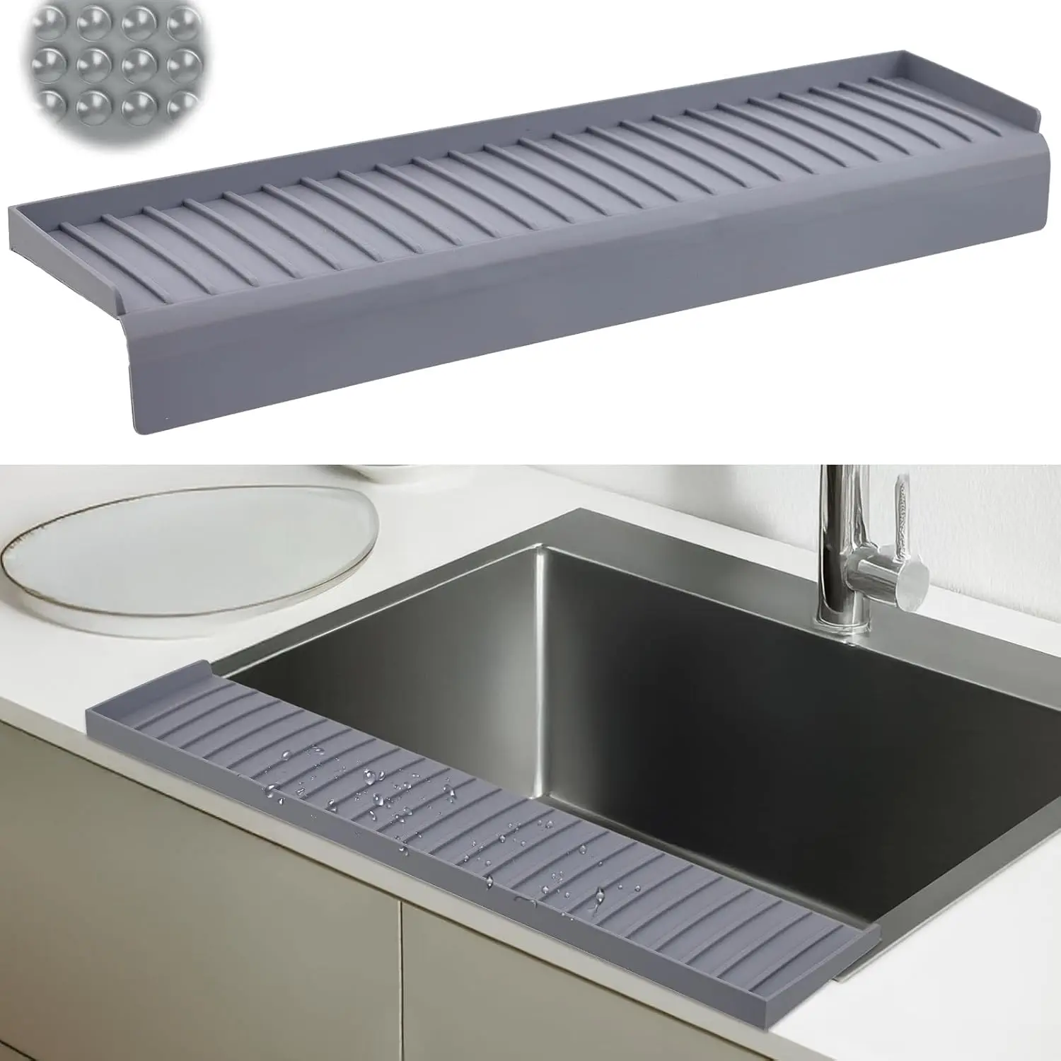 Sink Edge Protector with Suction Cup 4"x14",  Sink Splash Guard for Kitchen & Bathroom, Protect Countertop from , Stains, for Stainless Steel Granite Quartz-Grey