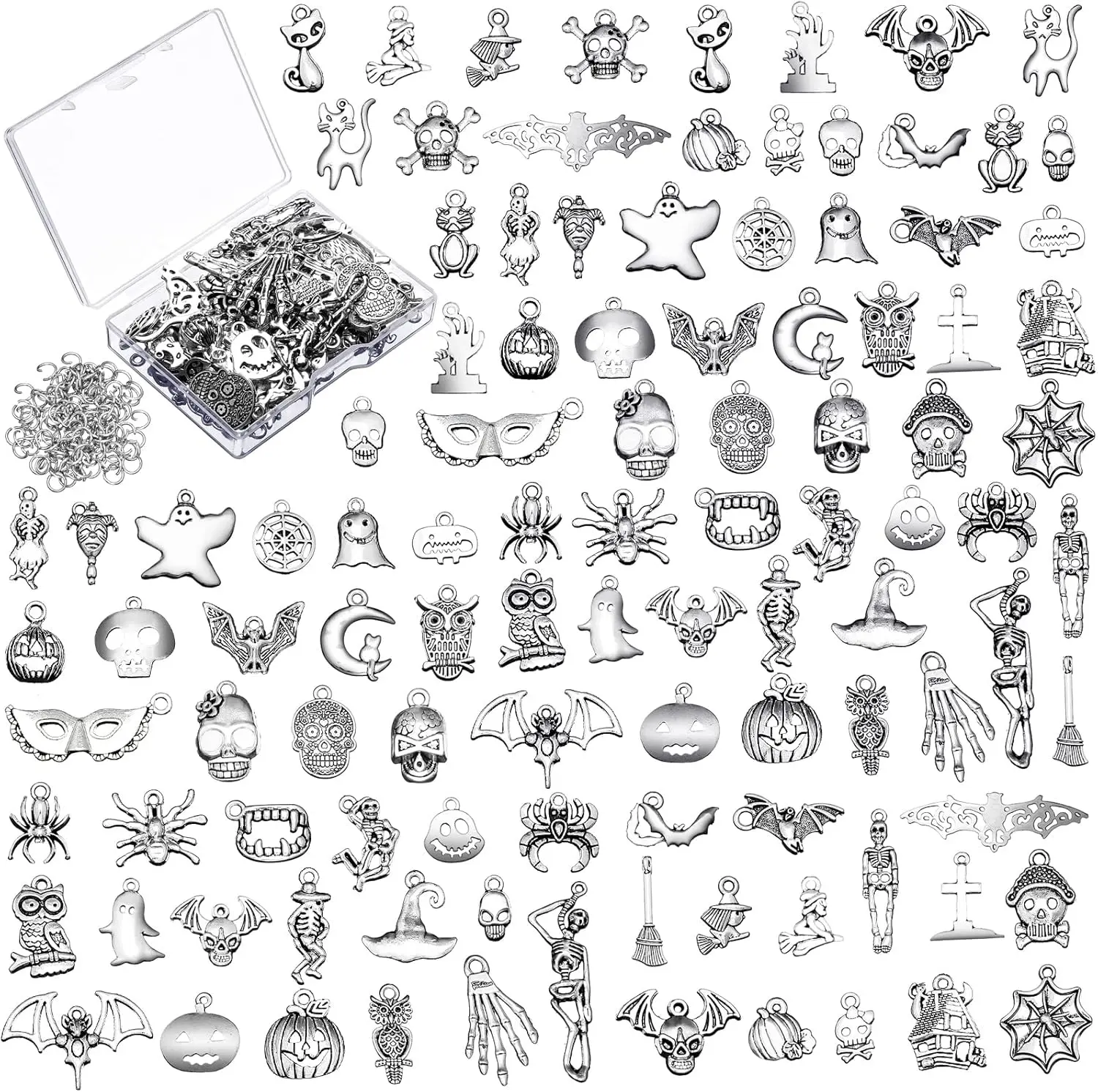 104 Halloween Charms Pendants Antique Silver Pendants Halloween Jewelry Making Accessory Open Jump Rings Skeleton Jewelry Earring Charms
