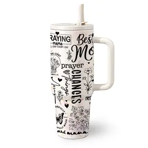 1 Pc 40 Oz Stainless Steel Water Cup, Tumbler with Handle and Foldable Straw, Praying Mama Quote with Floral Design, Double Wall Insulated Mug, Hot 6H/Cold 12H, Inspirational Drinkware, Mother's Day Gift for Mom and Family