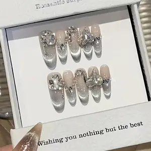 10pcs high-end Diamond-encrusted cat's eye style handmade fake nails, Long nail decorative patches with a light luxury, Long Length, Glossy Finish, Oval Shape, Handmade Quality