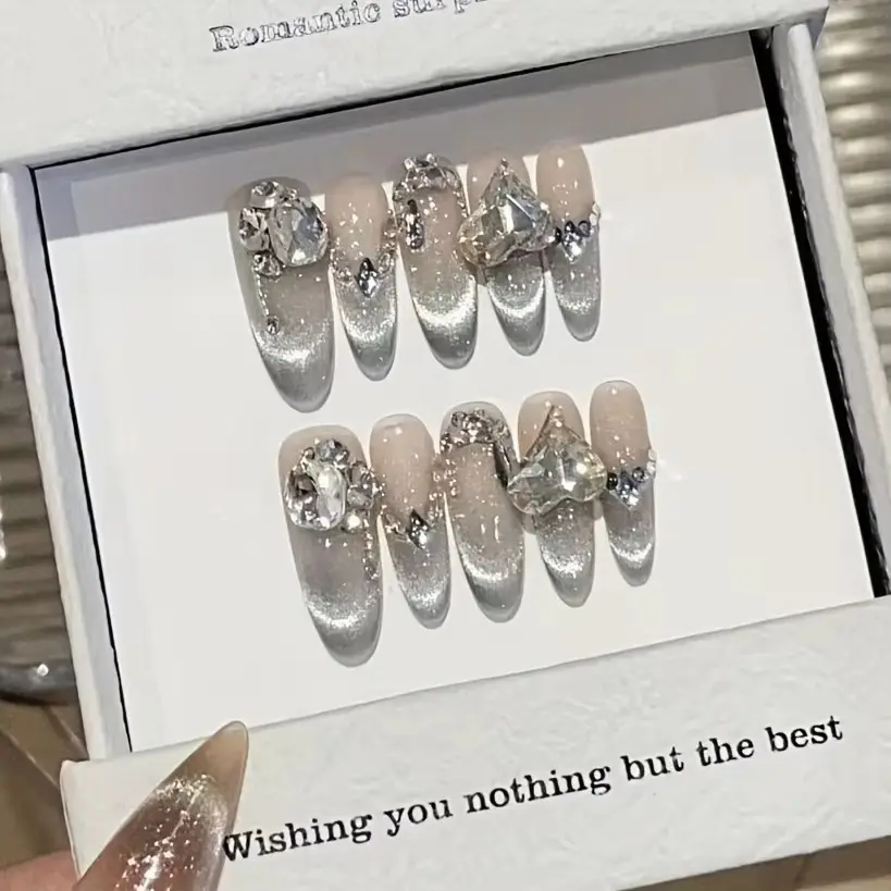 10pcs high-end Diamond-encrusted cat's eye style handmade Press On fake nails, Resin nail diamond, Long nail decorative patches with a light luxury, Long Length, Glossy Finish, Oval Shape, Handmade Quality