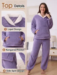 Fluffy Pajamas for Women Set Soft Comfy Fleece Pjs Pullover Pants Loose Plush 2 Piece Sleepwear Fuzzy for Winter