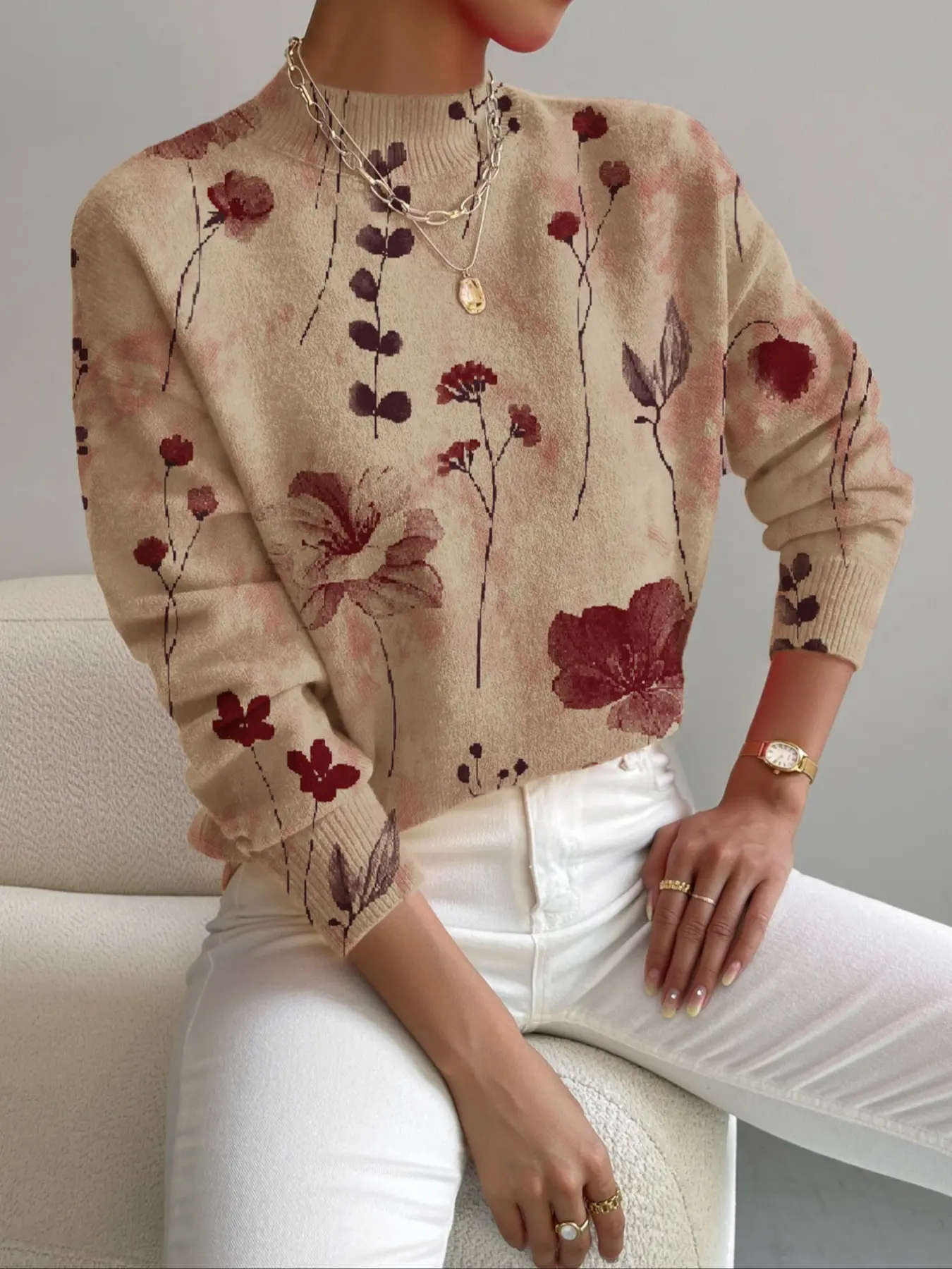 Women's Floral Knit Sweater, Casual Elegance for Spring Fall Winter, Holiday & Commute Wear, Stand Collar Design