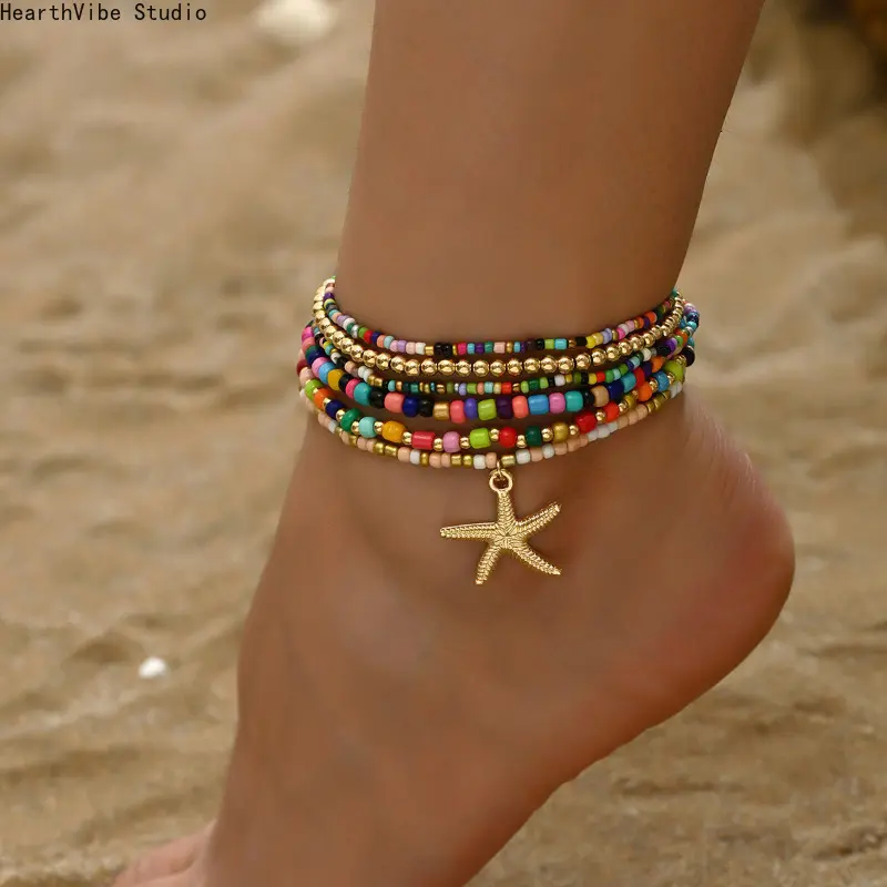 Boho - Chic Multi - Layer Starfish Pendant Anklet with Colorful Rice Beads on Vintage Alloy. Ideal Beach Foot Jewelry and a Perfect Gift for Her.