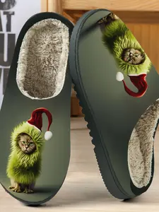 Greench Christmas Cotton Slippers, Cute Cat Design, Plush Lining, Non-Slip Thick Sole, Women's Home & Outdoor Wear, Fall&winter