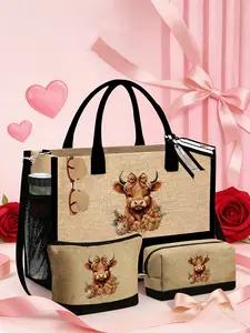 Cute Highland Cow Themed Tote Bag Set, Printed With A Bow Leopard Print Design And Highland Cow Pattern, Large Capacity Handbag, Multifunctional Shouder Bag, Portable Storage Pouch, Lightweight Makeup Bag, For Travel, Valentine'S Day, New Year'S Gifts