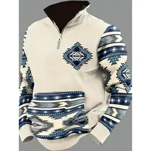 Western Sweatshirts for Men White Cowboy Aztec 1/4 Zipper Sweatshirt Casual Vintage Graphic Cowboy Pullover Sweatshirts XXXXX-Large Classic Menswear