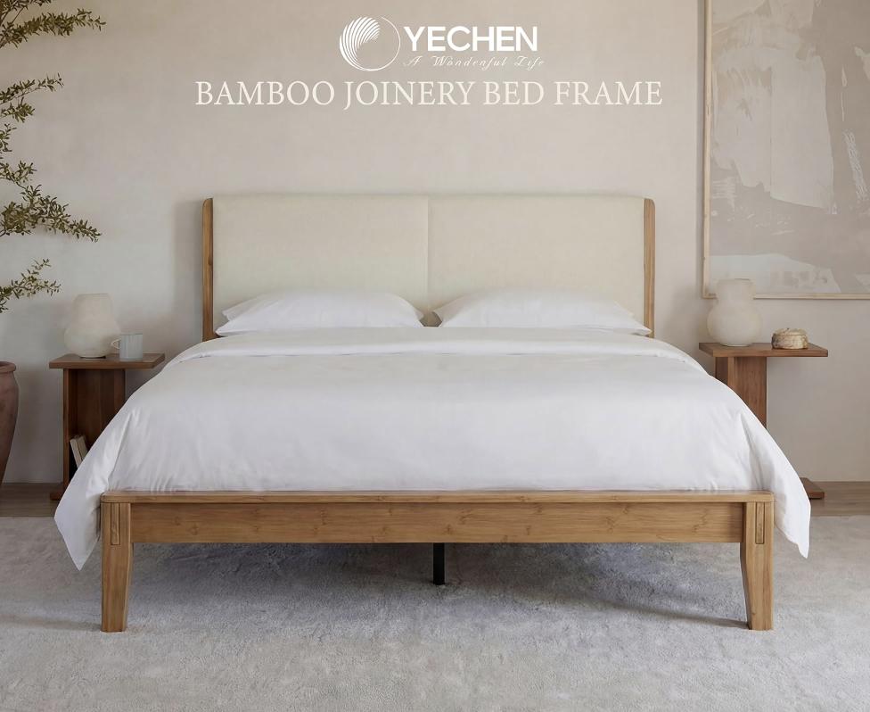 Yechen Bed Frame, Bamboo Platform Bed with Headboard, Noise Free Wood Slats and Metal Beam Support, Easy Assembly with Mortise & Tenon Joint, No Box Spring Needed, Japanese Style, (Queen, King) (Natural, Walnut)
