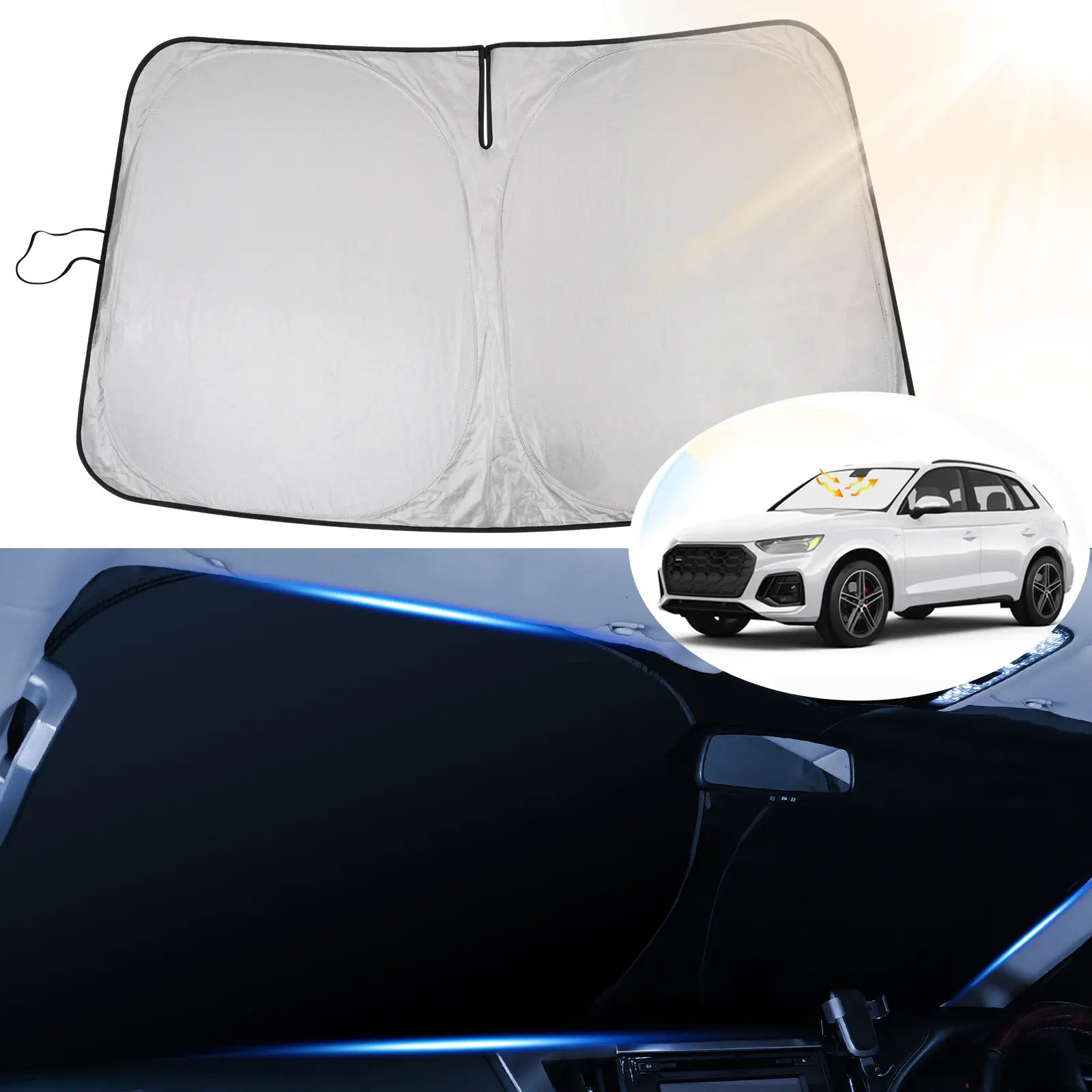 Canvcle Custom Fit Car Windshield Sunshade for Audi Q5 2018-2026, 5-Layer 240T Reflective Fabric UV-Protective Windscreen Shade Cover, Heat-Blocking Foldable Full-Coverage No-Gap Exterior Car Accessory