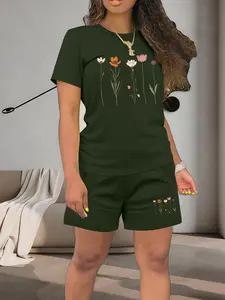Women's Summer Casual Fitted Short Sleeve Top & Shorts Set, Floral Plant Flower Print Regular Fit, Natural Waist Two-Piece