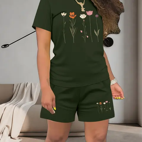 Women's Summer Casual Style Fitted Short Sleeve Top & Shorts Set, Plant Flower Floral Print Regular Fit, Natural Waist Two-Piece, Summer Beachwear Set, Shorts and Tops, Womenswear