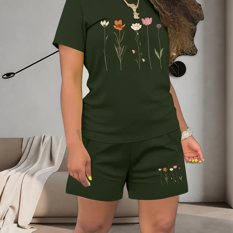 Women's Summer Casual Style Fitted Short Sleeve Top & Shorts Set, Plant Flower Floral Print Regular Fit, Natural Waist Two-Piece, Summer Beachwear Set, Shorts and Tops, Womenswear
