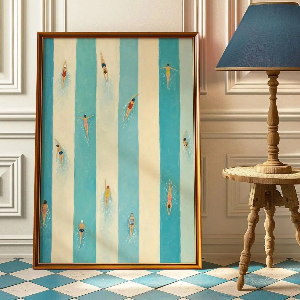 Tiny Swimmers Pool Poster, Blue Striped Swimming Wall Art,  Preppy Beach House and Bathroom Decor | Framless Poster O