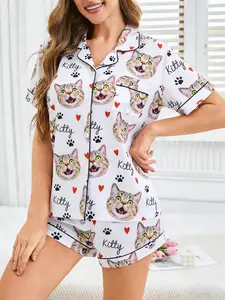 Women's 2-Piece Cute Cat Print Pajama Set, Cartoon Tabby Cat, Heart & Paw Print Accents, Turn-Down Collar Button-Down Sleepwear, Soft Breathable Fabric, Kawaii Girly Loungewear, All-Season Casual Home Wear