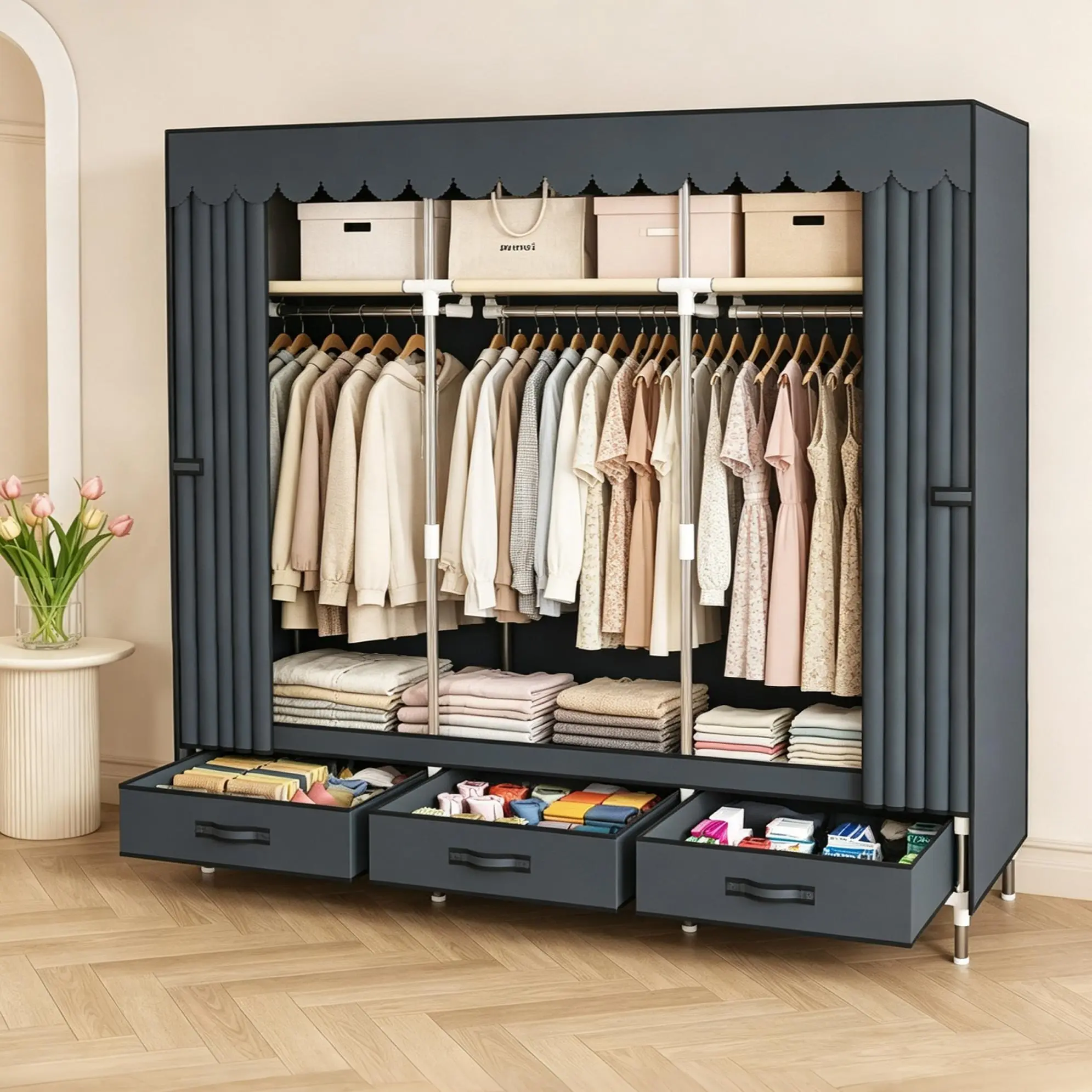 Portable Closet Fabric Wardrobe, Large Capacity Dust‑Proof Clothing Storage Organizer with 6 Storage Compartments & 3 Drawers, Metal Frame Easy Assembly, Portable Wardrobe for Bedroom, Rental Apartment, Dormitory, Student Dorms