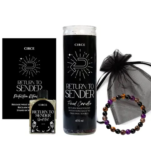 Circe Boutique Return to Sender Protection Ritual Set – 7-Day Fixed Prayer Candle, Spell Oil & Crystal Shield Bracelet | Wormwood Black Salt Lemon Cleansing Kit | Amethyst Tiger Eye Obsidian Grounding Spiritual Gift Set for Boundaries & Energy Work