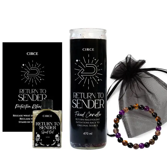 Circe Boutique Return to Sender Protection Ritual Set – 7-Day Fixed Prayer Candle, Spell Oil & Crystal Shield Bracelet | Wormwood Black Salt Lemon Cleansing Kit | Amethyst Tiger Eye Obsidian Grounding Spiritual Gift Set for Boundaries & Energy Work