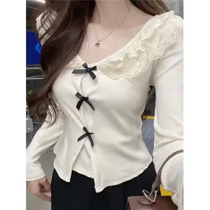 2025 Sweet French Style Long Sleeve T-Shirt Women's Slim Fit Bow Lace Patchwork Tops V-neck Casual Korean Blouse Chic winter