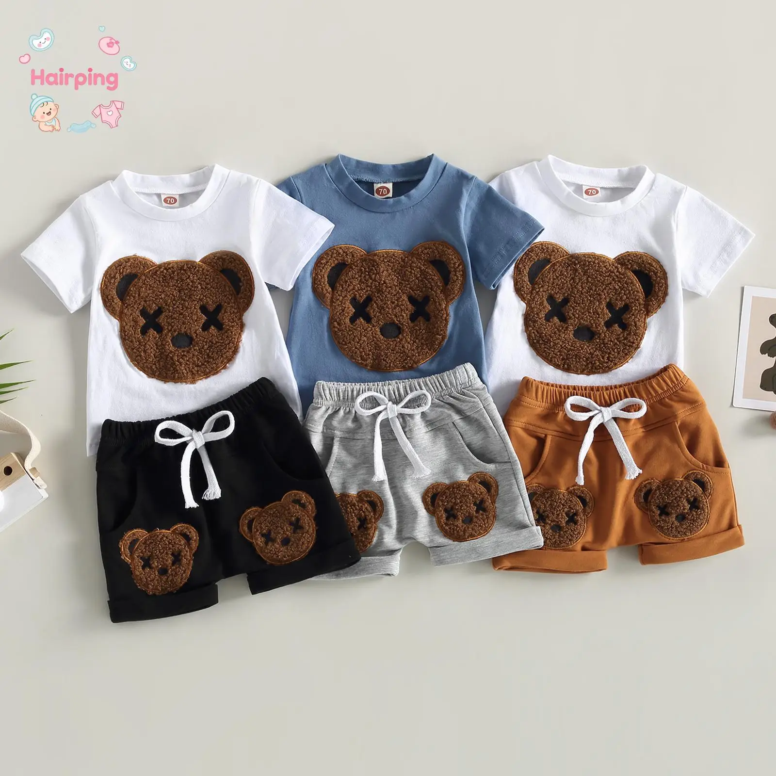 Baby Boys Summer 2-piece Outfits, Cartoon Bear Pattern Short Sleeve T-shirt and Casual Elastic Shorts Set, Casual Baby Boys Outfits