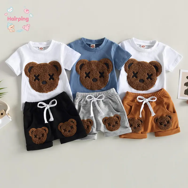 Baby Boys Summer 2-piece Outfits, Cartoon Bear Pattern Short Sleeve T-shirt and Casual Elastic Shorts Set, Casual Baby Boys Outfits