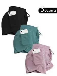 Women's 2 in 1 Drawstring High Waist Mesh Sports Shorts, Casual Pocket Elastic Waist Bottoms for Running Gym Workout, Ladies Sportswear for All Seasons,  Workout Clothes, Practical Pockets Athletic Shorts, Training Workout Shorts, Athleisure Shorts