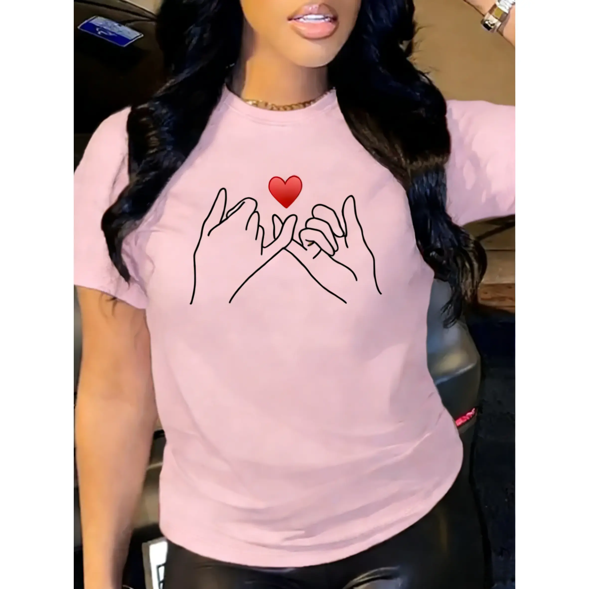 Women's 100% Pure Cotton Round Neck Short Sleeve Basic Graphic T-Shirt - Smooth Fabric, Hook Heart Printed Design, Multiple Colors, All-Season Oversized Casual Top, Ideal Holiday Gift