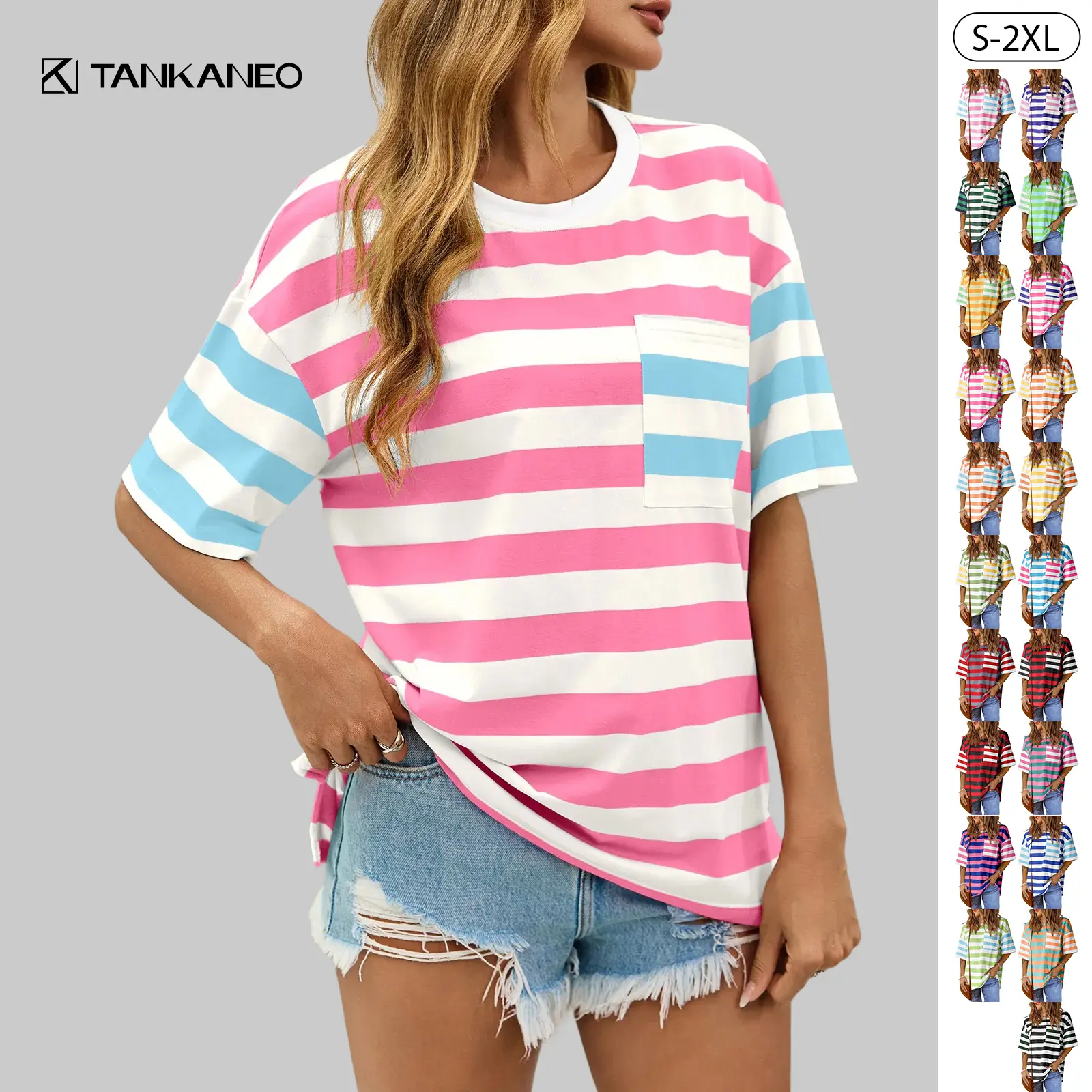 TANKANEO Womens Oversized Color Block Striped Tshirts Summer Casual Short Sleeve Tops Loose Fit Crew Neck Shirts