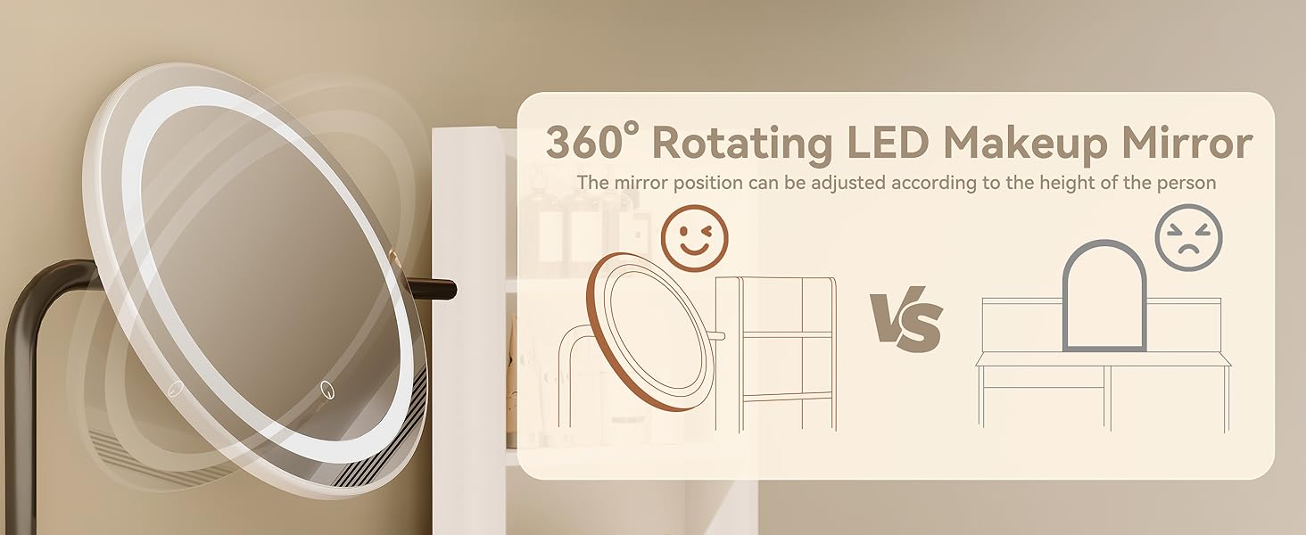 [Summervibes] Vanity Desk with 360° Rotating LED Mirror & Lights, 2 Drawers & 6 Shelves, Dressing Table with Power Outlet & Hair Dryer Holder – Perfect Gift for Her & Bedroom Essential