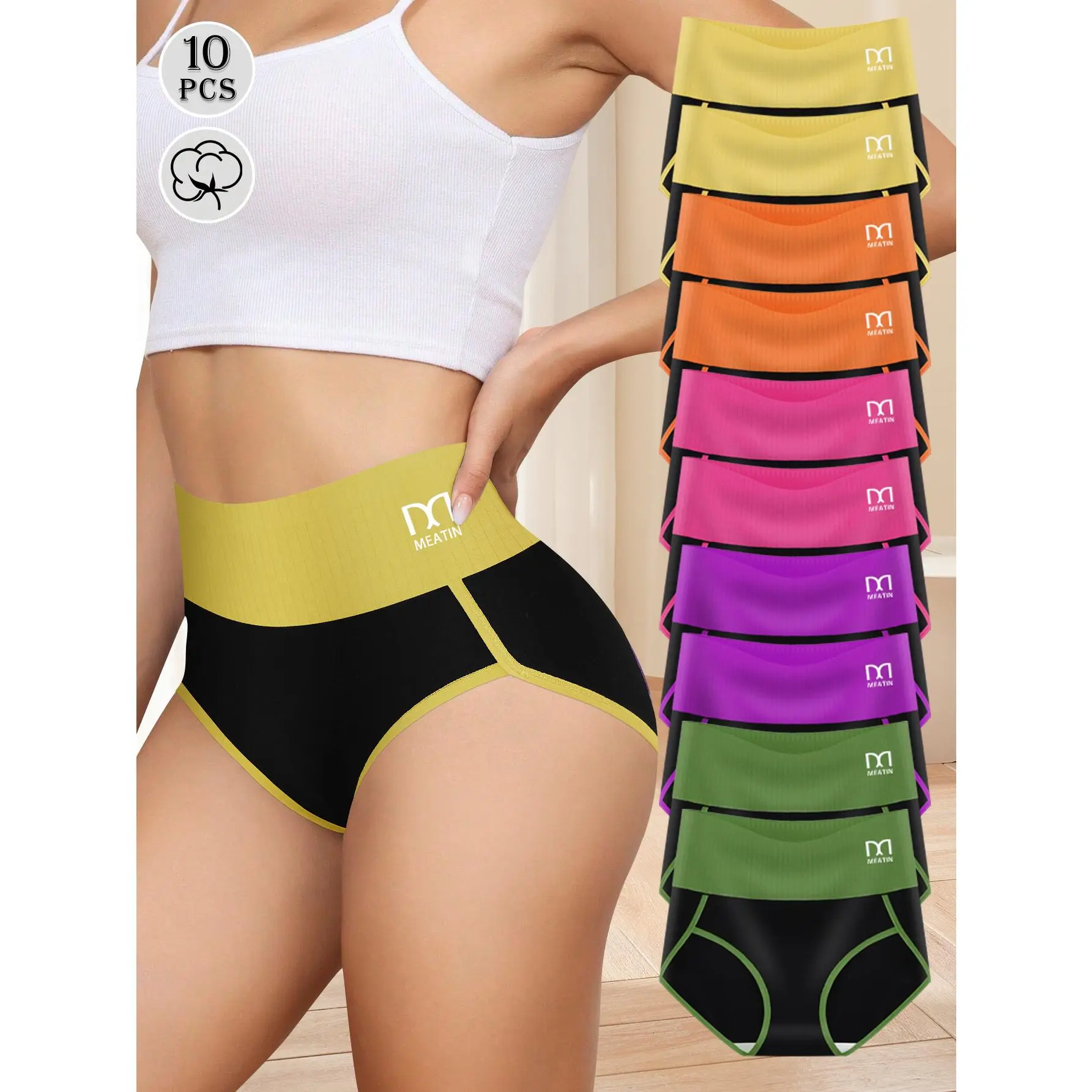 QUASTI Women's 10-Pcs High-Waisted Tummy Control Contrasting Color Cotton Panties Set - Smooth, Seamless, Anti-Roll Edge, Hip-Lifting, Fits S-XXL, Ideal for Athletic Wear & Daily Wear, Lady's Comfortable Panty Gift summerwins