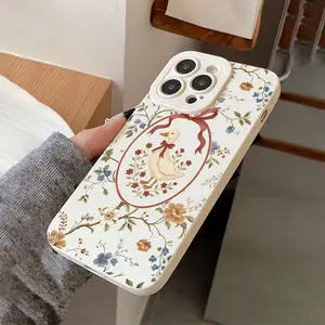 Floral vines, bow-adorned ducks, cute retro style, natural pastoral pattern-this TPU full-coverage camera phone case is drop-proof and non-slip, compatible with iPhone 17, 16, 15, 14, 13, 12, 11, XS, X, Samsung, and other models.