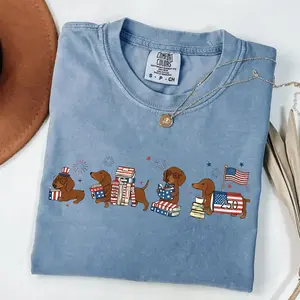 Comfort Colors Patriotic Dachshund Tshirt, Usa 250th Anniversary Shirt, Fourth Of July Wiener Dog Graphic Tee, Independence Day Book Lover Gift