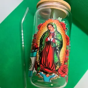 Virgin Mary 16oz Glass Tumbler with Glass Straw - Decorative Design for Home or Office Use - Bottle, Drinkware