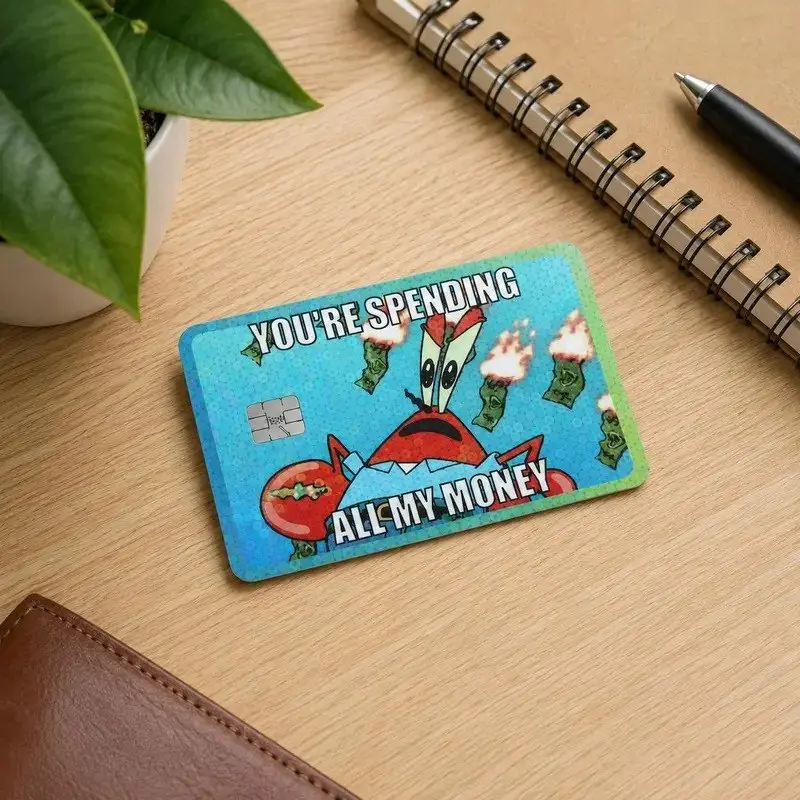 Funny Spending Money Crab Card Skin, Meme Credit Card Skin Sticker, Cartoon Inspired Debit Card Vinyl Cover, Humorous Wallet Accessory
