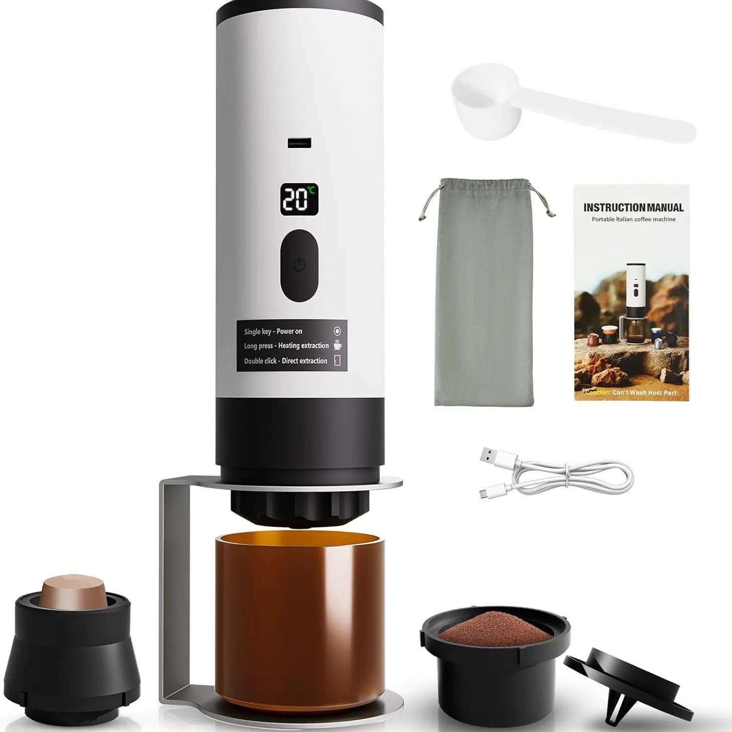 Portable Espresso Maker Travel Coffee Machine for Camping, Car Self-Heating USB-C Compatible with Ground Coffee & NS Capsules, RV, Hiking, Home
