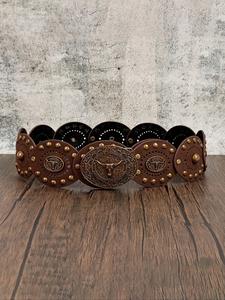 Women's Boho Style Coffee Color Belt, Punk Vintage Mesh Oval Velvet Western Belt, Cow Head Rivet Buckle, Jeans/dress, All Seasons