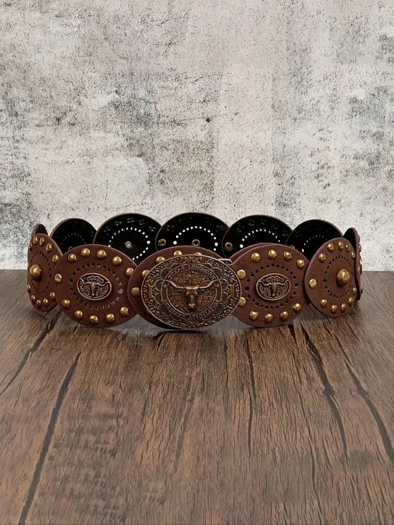 Women\'s Studded Belts Y2k Punk PU Leather Vintage Western Cowgirl Belts Coffee Vintage Western Style Coffee Suede Women main image 3