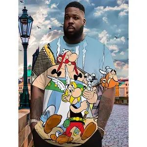 Men'S Plus Size 3D Cartoon Print T-Shirt - Vibrant Blue Retro Animation Character Design, Lightweight & Breathable, Machine Washable, All-Season Comfort, Classic Crew Neck, Durable Fabric, Plus Size T Shirts, PLUS SIZE