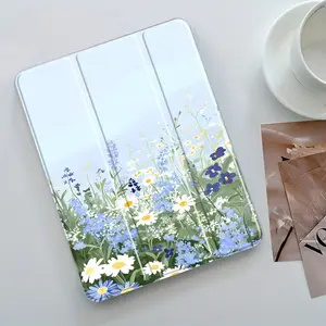 Soft Blue Wildflower Meadow Design iPad Case, Transparent Acrylic Stand Cover, Pencil Holder & Charger Slot, Fits iPad Pro/air/mini, Perfect Gift Shock-resistant Full Cover Protective Case Suitable for Offices Schools and Homes