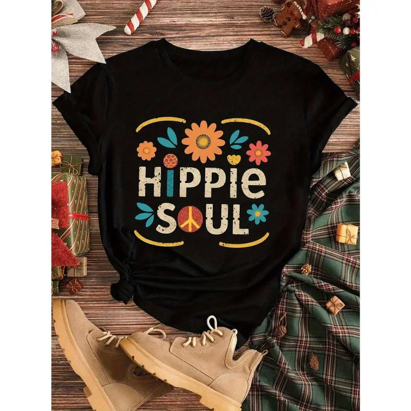 180 g 1pc bold style| HIPPIE SOUL WOMEN'S T-SHIRT- COLORFUL FLORALS WITH PEACE LOGO PATTERN, CASUAL SHORT-SLEEVED CREW NECK, HIPPIE OUTFIT